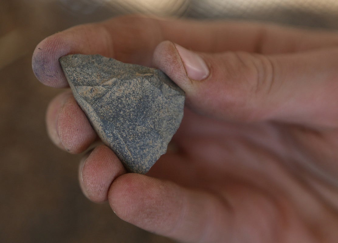 A hand holds a rock