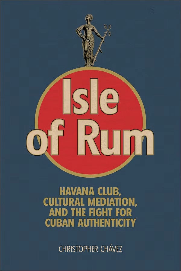 book cover with blue background, red circle in the middle with the title Isle of Rum in the center