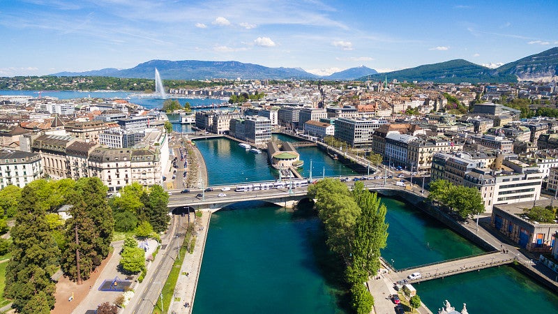 Aerial view of Leman lake, Geneva city in Switzerland