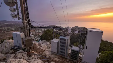 A mobile phone base station located on a mountain near the ocean