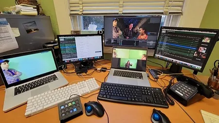 cast members rehearsing on their green screens during video production