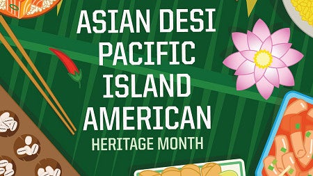 an illustration with the words asian desi pacific island american heritage month with food illustrations