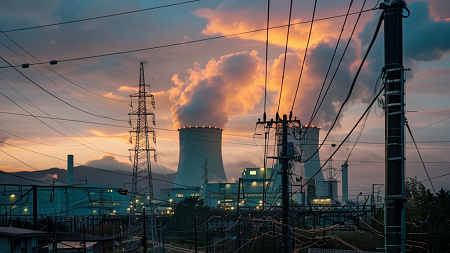 nuclear power plants over a sunset
