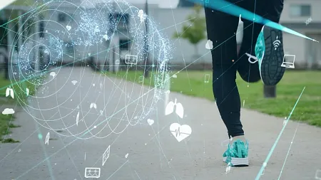 a person running with data icon illustrations on the screen 