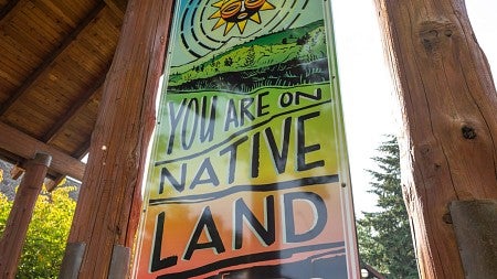 a banner that says, "you are on native land" 