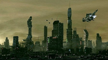 A spaceship flies in a futuristic city scape