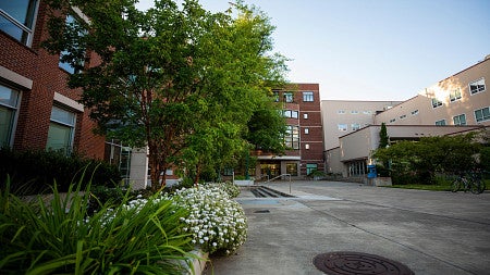 exterior of lawrence hall on a clear blue day