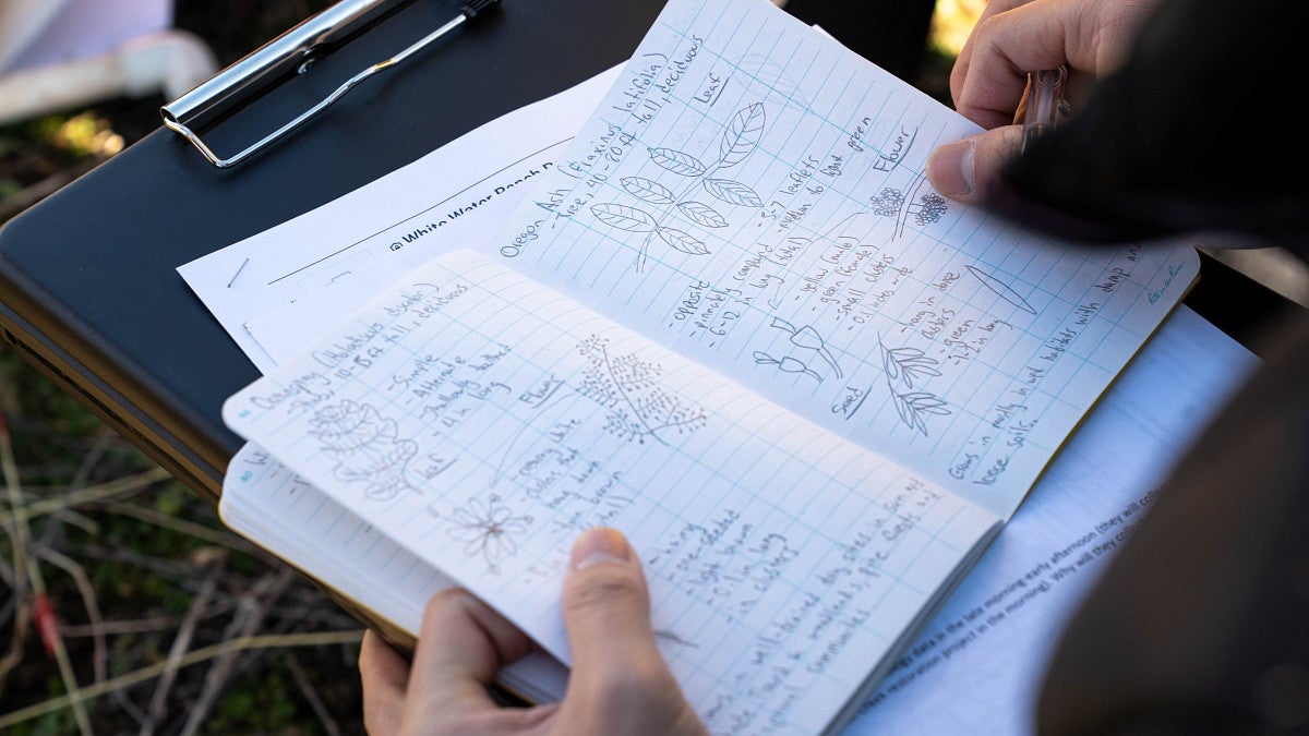 A student holds a journal with plant drawings