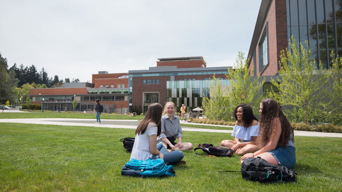 Students sit on the grass and talk