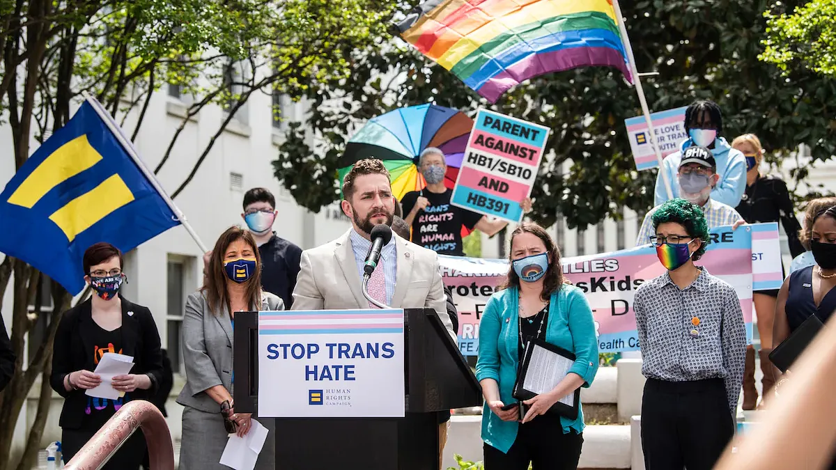 presenter speaking at Stop Trans Hate rally