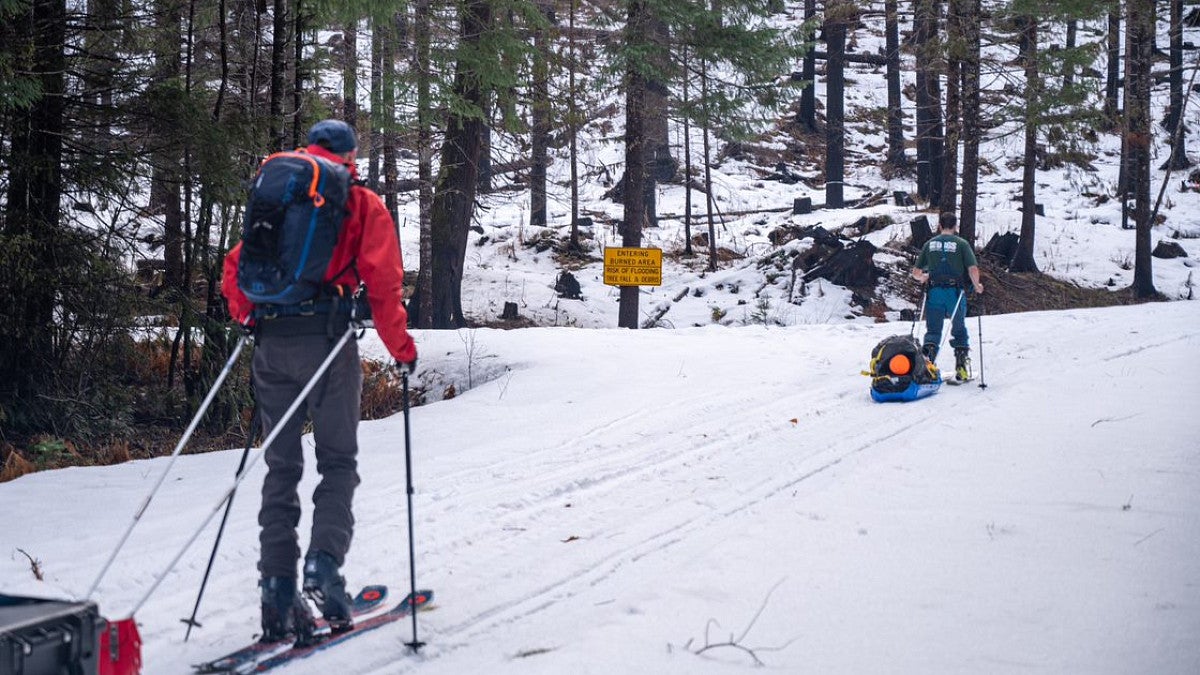 2 people on skis trekking though woods