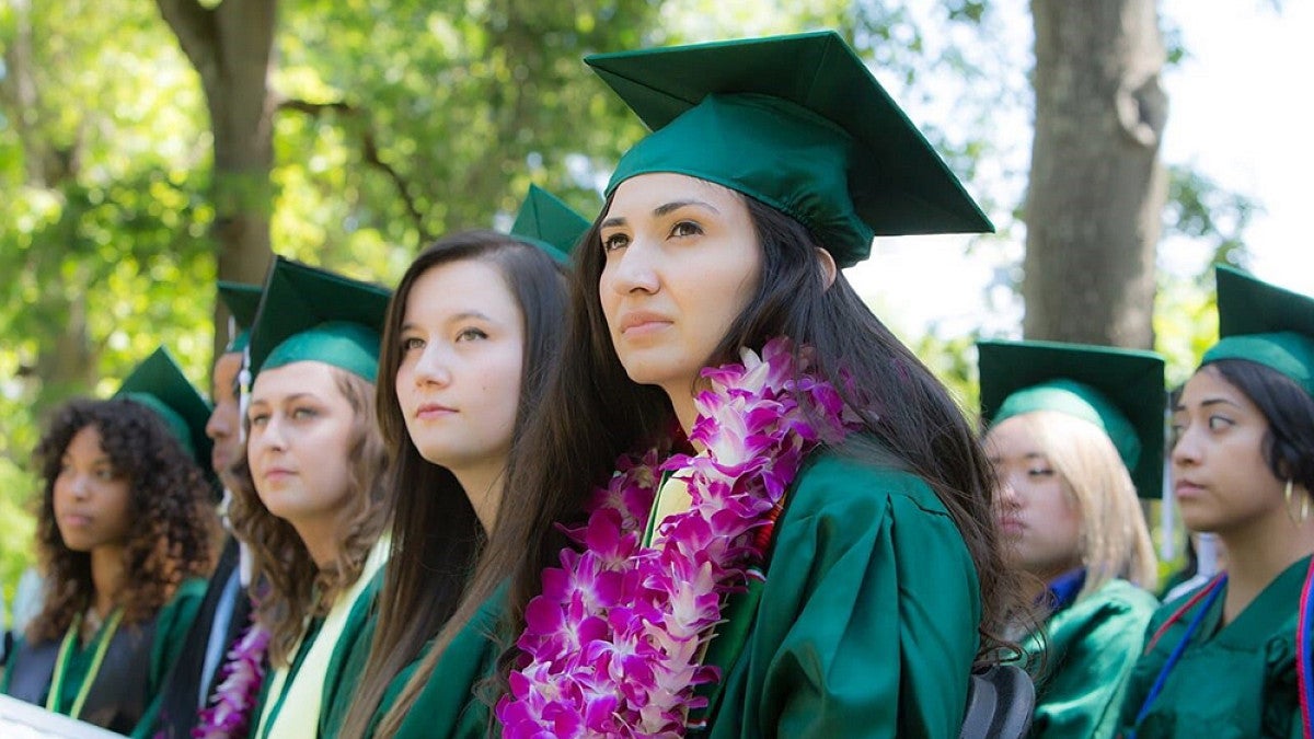 Graduates sitting outdoors for ceremony