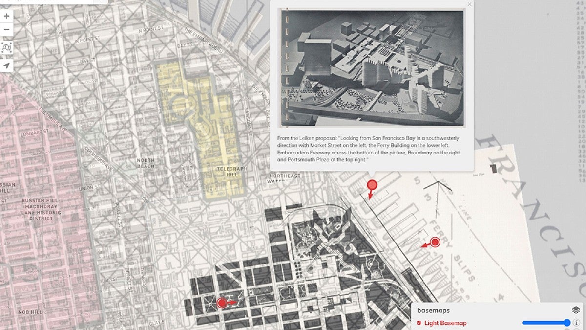 Screenshot of a digital historic map with marked places of interest