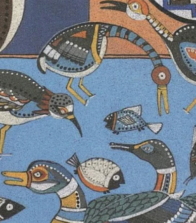 Birds and fish on a blue background