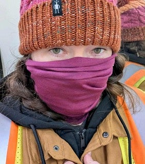 close up of woman wearing a warming mask