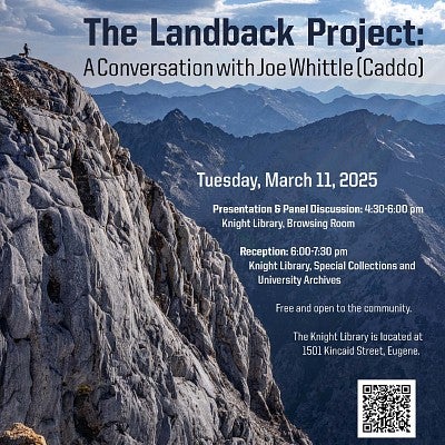 Whittle Landback Lecture Poster, March 12, 4:30 pm, Knight Library Browsing Room