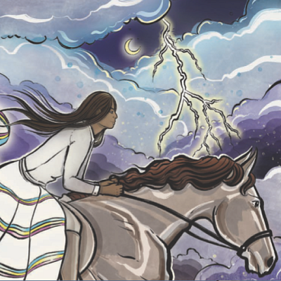Artwork of a person riding on a horse 