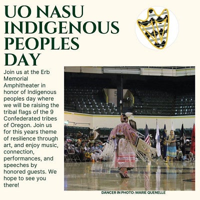 Advertisement poster for the UO NASU Indigenous Peoples Day celebration at the EMU amphitheater on Monday, October 12, 2026, 10am-5pm. 