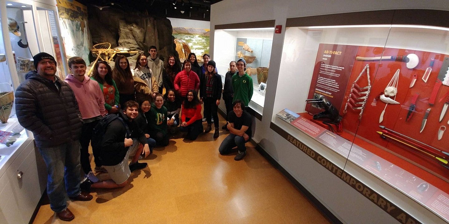2018-19 NAIS ARC Cohort with Cannupa Hanska Luger at the opening of “This is Not a Stereotype” at the Museum of Natural and Cultural History.