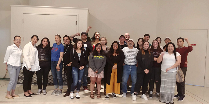 Members of the 2018-19 ARC cohort with producers and cast members from the 1491s production of “Between Two Knees” at the Oregon Shakespeare Festival.