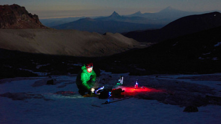 Researchers waiting until after sundown to test a portable laser that can measure the composition of glacial ice.