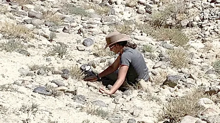 Anthropologist Jeanne Mclaughlin examining rocky ground