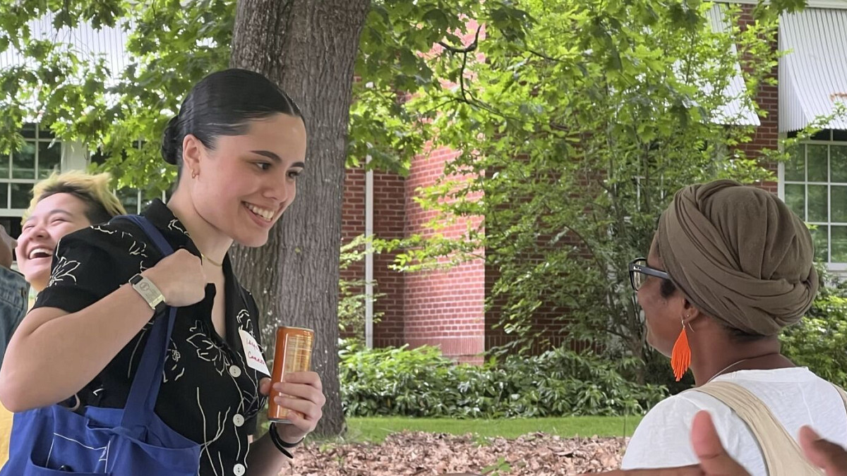 Two students talking on campus